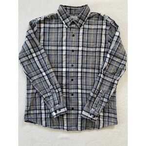 L.L. Bean Men Large Slim Fit Thick Flannel Shirt Grey Black Yellow Plaid Chamois